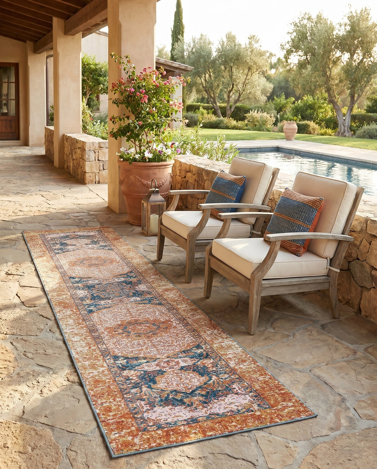 Patio Heritage Collection Area Rug -  Courtyard Runner Navy Blue and Light Pink  lifestyle 103