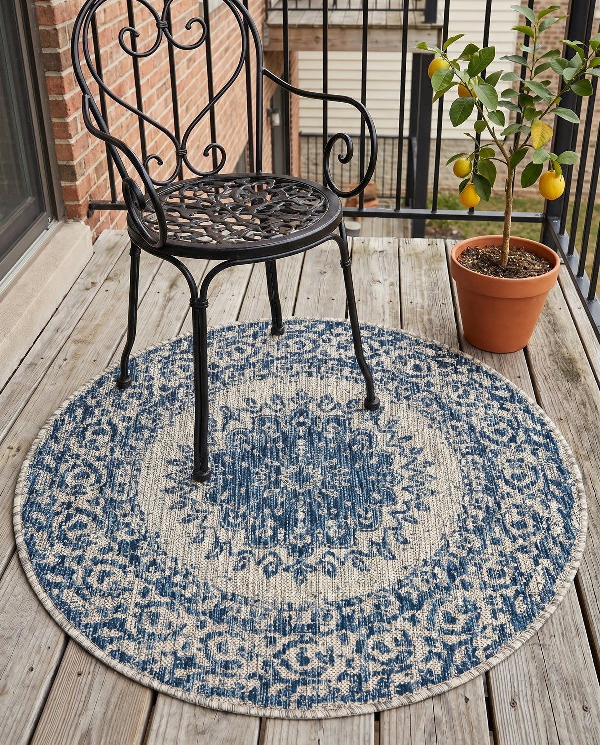 Patio Heritage Collection Area Rug -  Lafayette (Blue) Round Blue  lifestyle 92