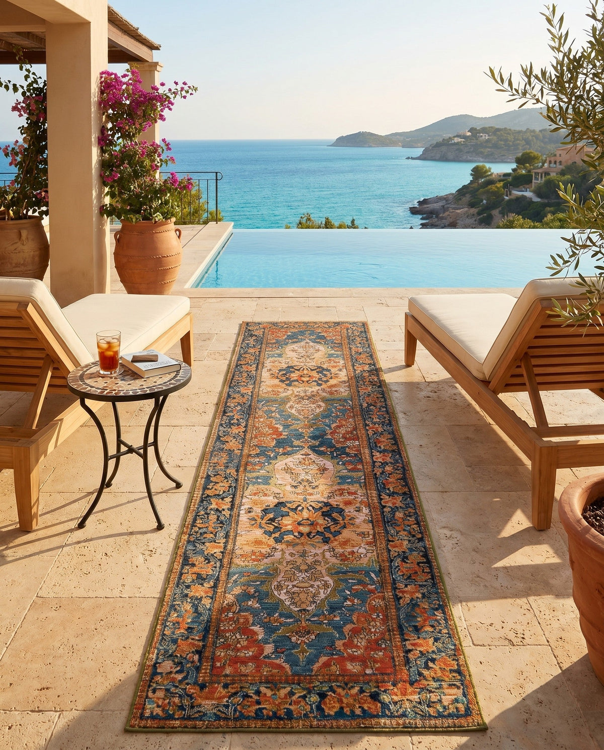 Patio Heritage Collection Area Rug -  Grove Runner Navy Blue and Rust Red  lifestyle 92