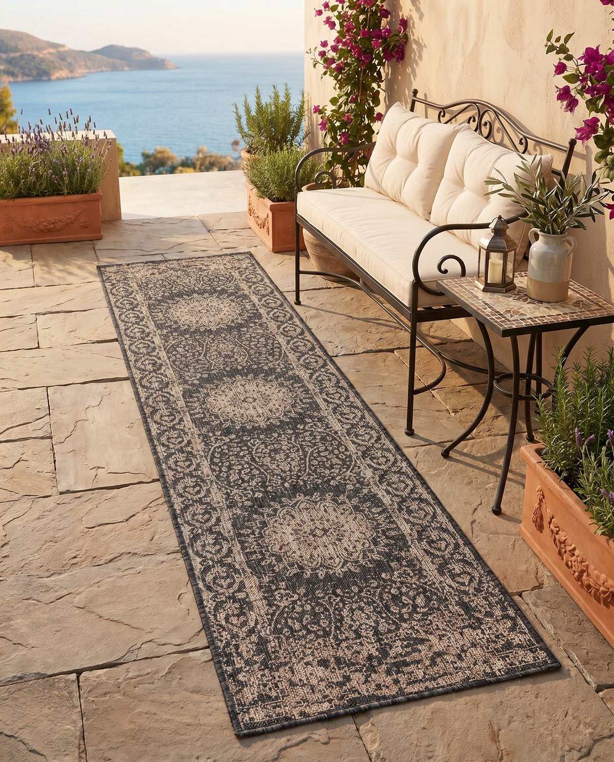Patio Heritage Collection Area Rug -  Lafayette (Black) Runner Black  lifestyle 80