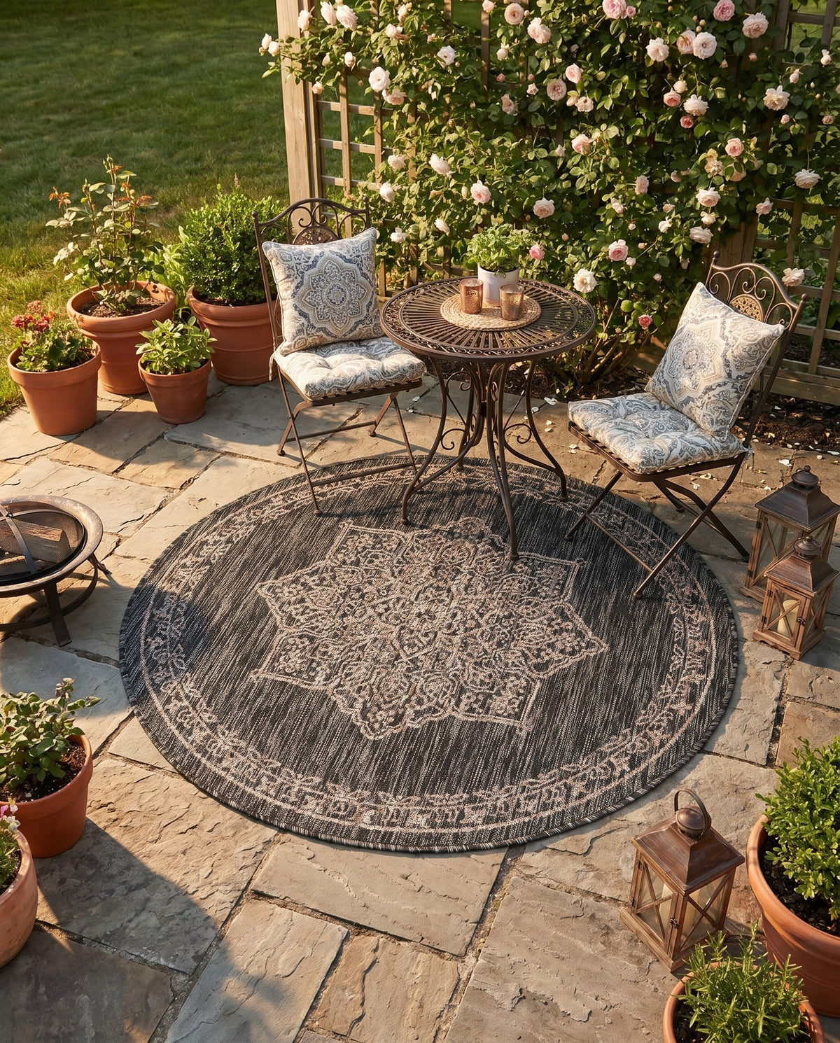 Patio Heritage Collection Area Rug -  Charleston (Charcoal Gray) Round Charcoal Gray  lifestyle 52