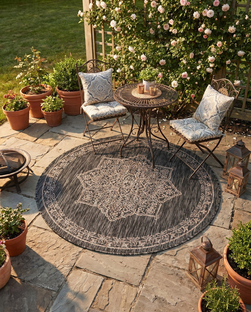 Patio Heritage Collection Area Rug -  Charleston (Charcoal Gray) Round Charcoal Gray  lifestyle 52