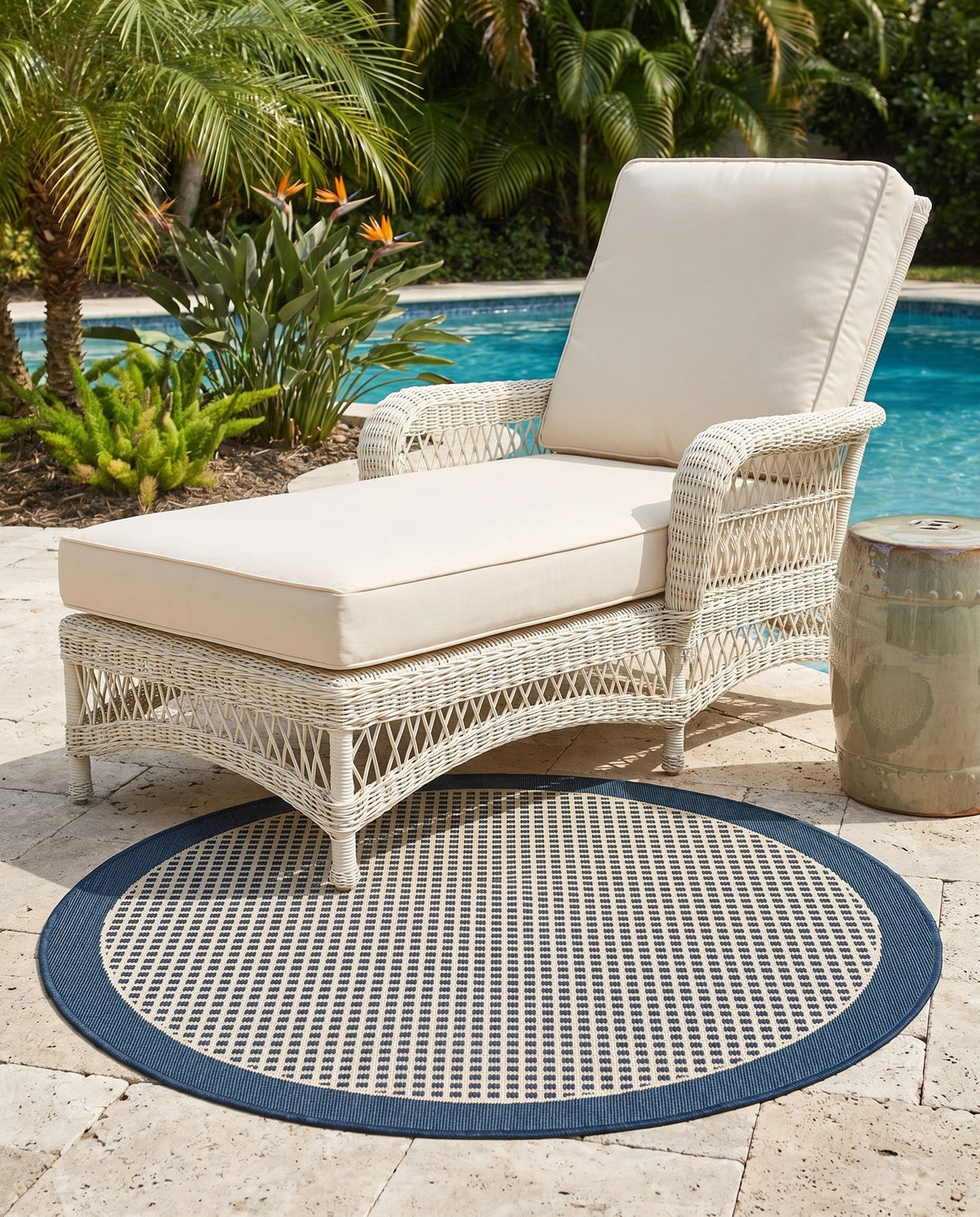 Terrace Fringe Collection Area Rug - Oceanside Round Navy Blue  lifestyle 192