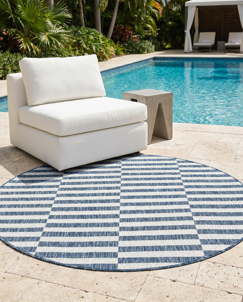 Seaside Stripes Collection Area Rug - Cabana (Blue) Round Blue  lifestyle 71