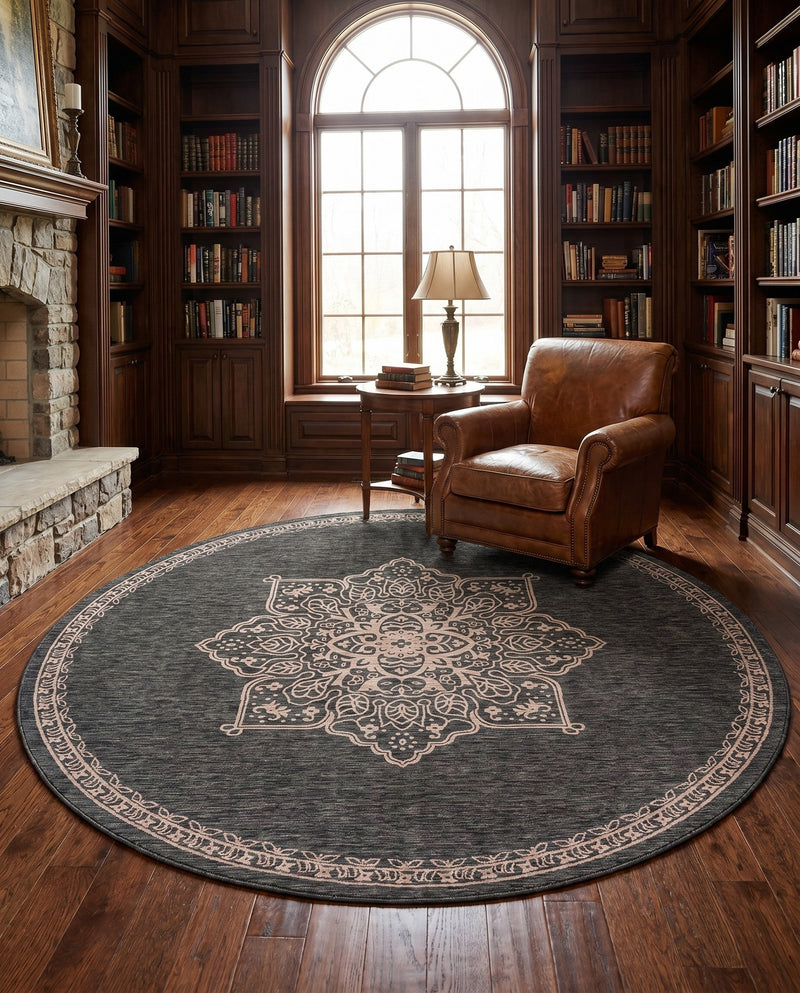 Patio Heritage Collection Area Rug -  Charleston (Charcoal Gray) Round Charcoal Gray  lifestyle 61