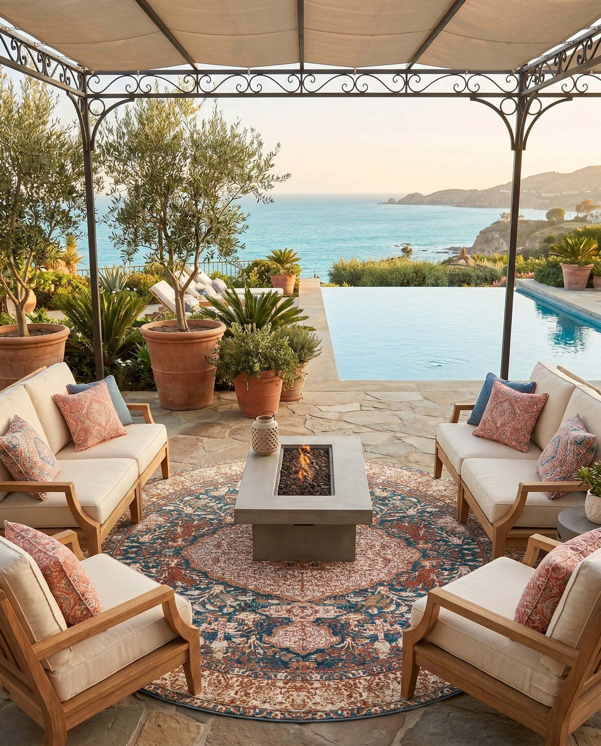 Patio Heritage Collection Area Rug -  Courtyard Round Navy Blue and Light Pink  lifestyle 98
