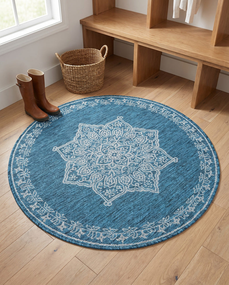 Patio Heritage Collection Area Rug -  Charleston (Teal) Round Teal  lifestyle 61