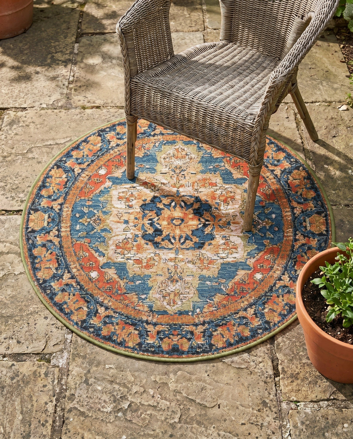 Patio Heritage Collection Area Rug -  Grove Round Navy Blue and Rust Red  lifestyle 102