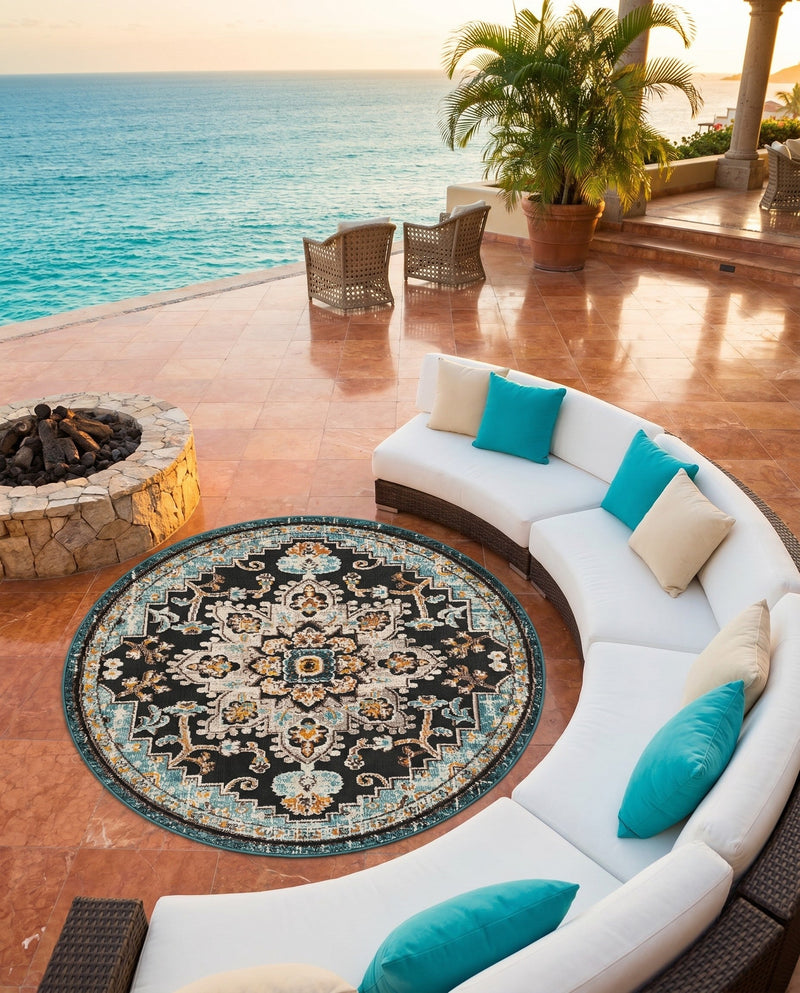 Outdoor Marrakesh Collection Area Rug -  Essaouira Round Navy Blue  lifestyle 78