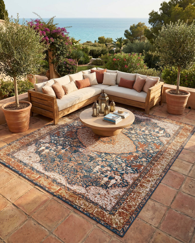 Patio Heritage Collection Area Rug -  Courtyard Rectangle Navy Blue and Light Pink  lifestyle 27