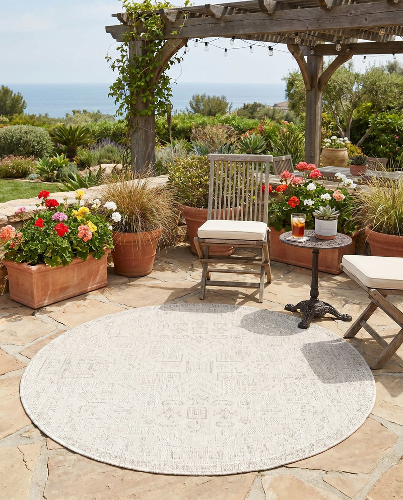 Tribal Terrace Treasures Collection Area Rug - Mayan Marina (Light Gray) Round Light Gray  lifestyle 29