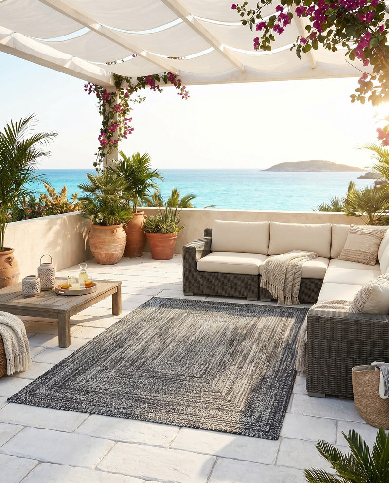 Sustainable Strands Indoor-Outdoor Oasis Collection Area Rug -  Sandbar (Black and White) Rectangle Black and White  lifestyle 7