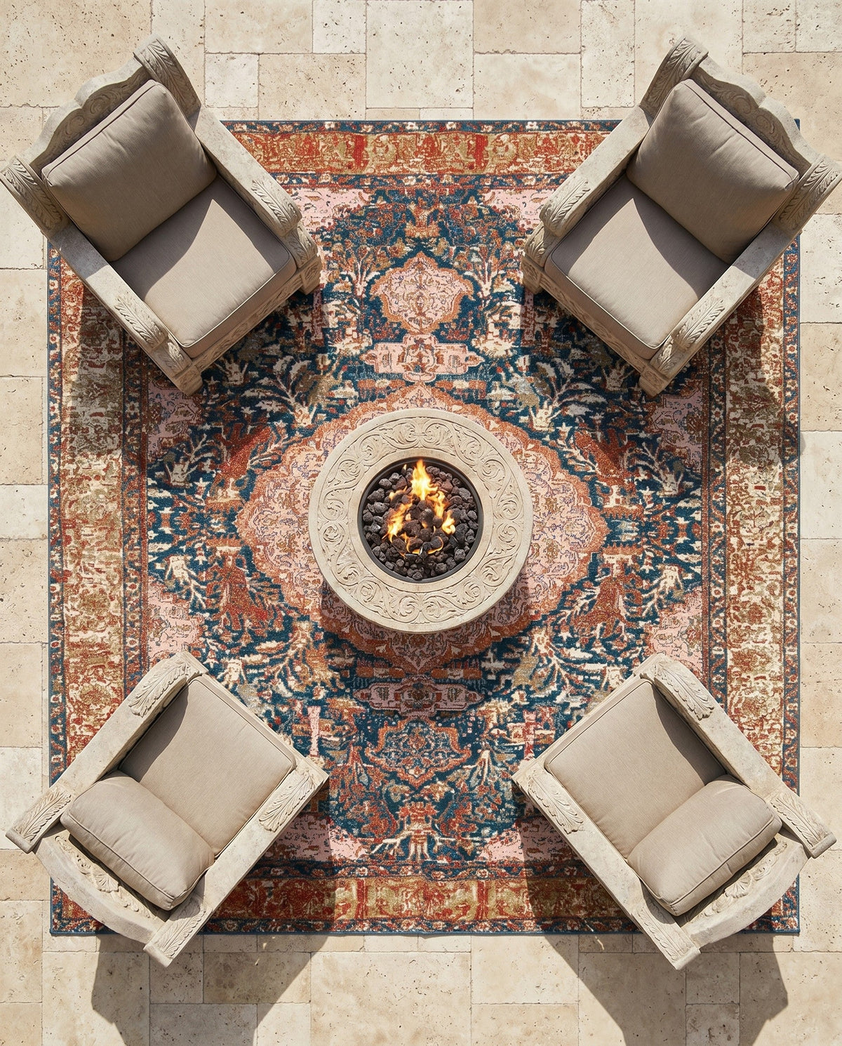 Patio Heritage Collection Area Rug -  Courtyard Square Navy Blue and Light Pink  lifestyle 110