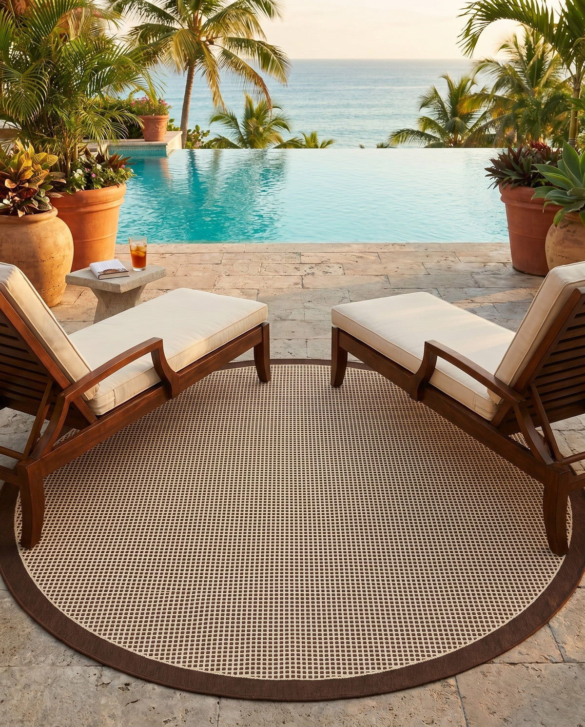 Terrace Fringe Collection Area Rug - Oceanside Round Brown  lifestyle 169