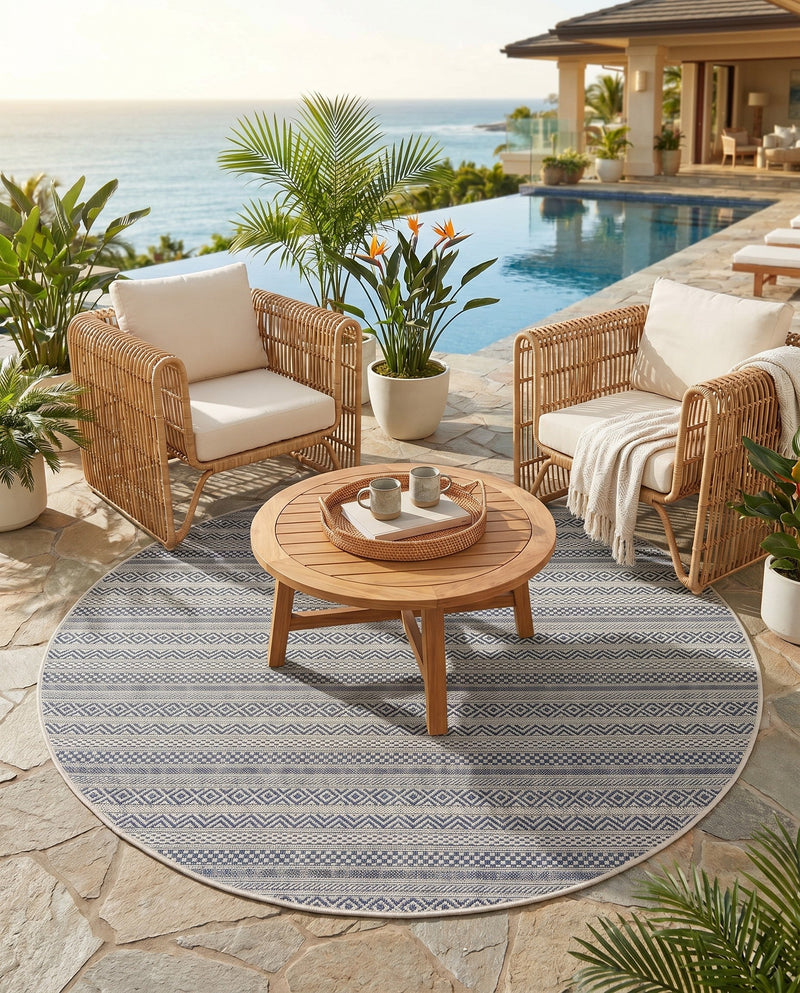 Seaside Stripes Collection Area Rug -  Boardwalk (Light Blue) Round Light Blue  lifestyle 72