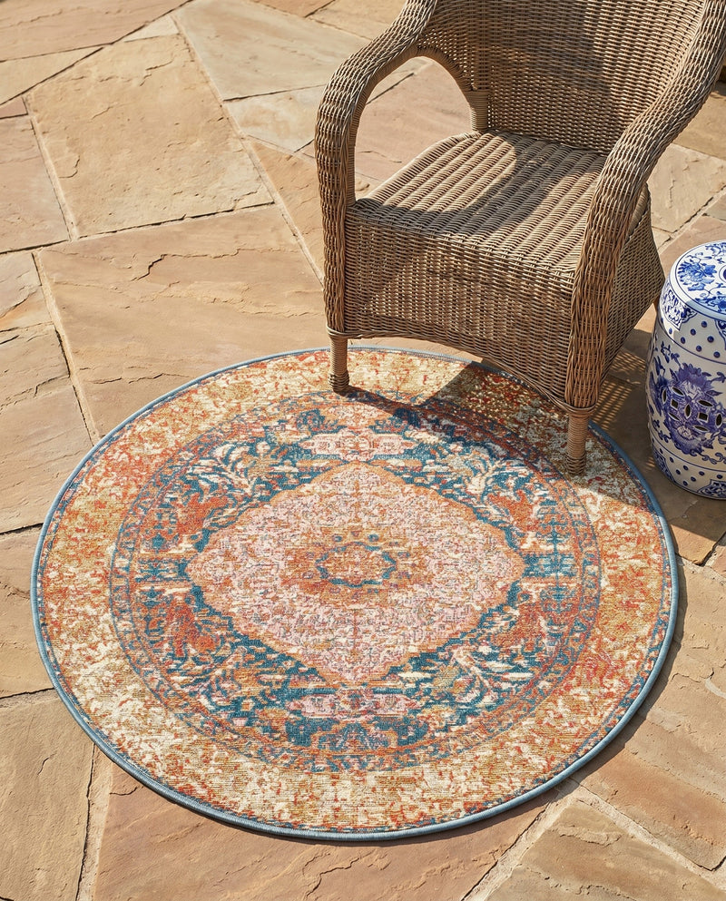 Patio Heritage Collection Area Rug -  Courtyard Round Navy Blue and Light Pink  lifestyle 75