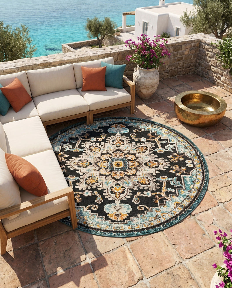 Outdoor Marrakesh Collection Area Rug -  Essaouira Round Navy Blue  lifestyle 79