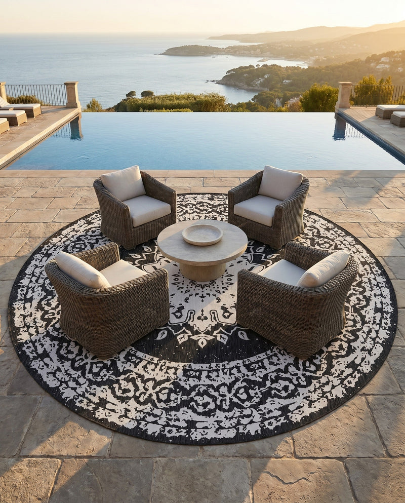 Patio Heritage Collection Area Rug -  Lafayette (Black and White) Round Black and White  lifestyle 59