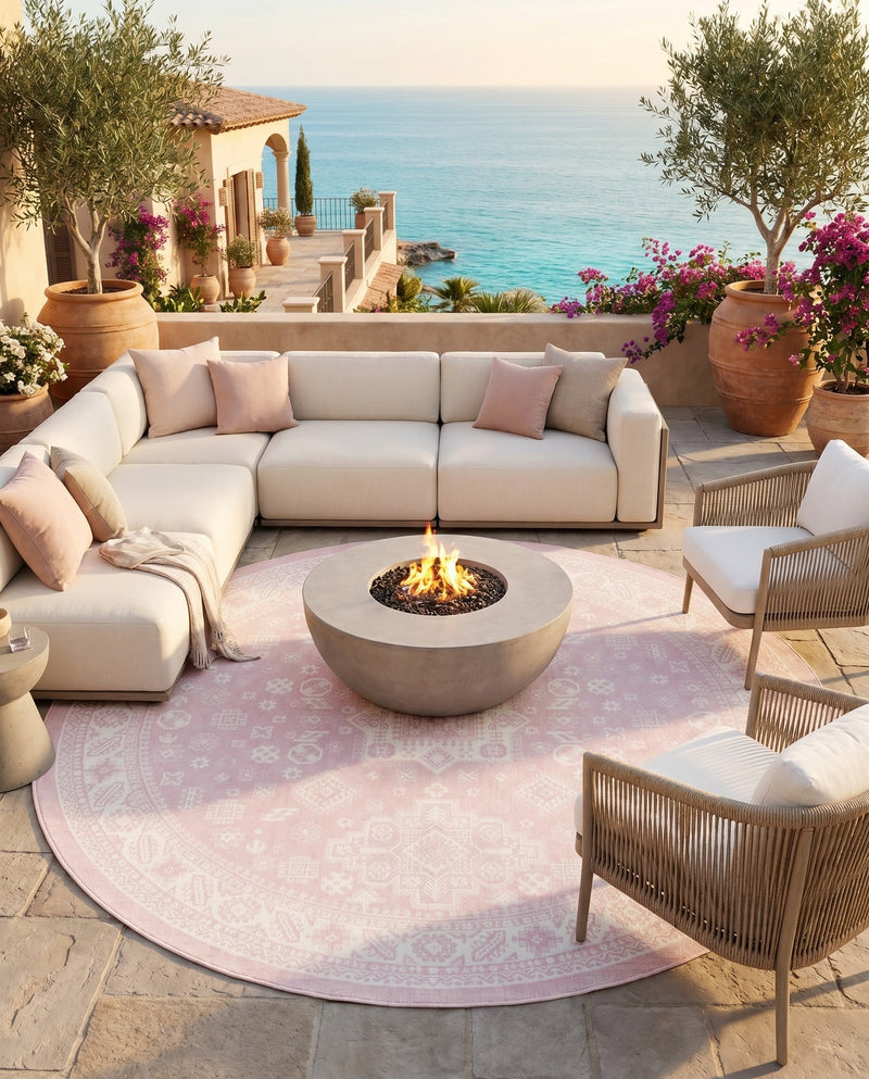 Tribal Terrace Treasures Collection Area Rug -  Incan Isle (Pink) Round Pink  lifestyle 42