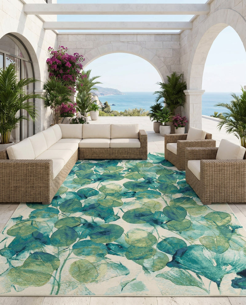 Seaside Blooms Collection Area Rug -  Flora Rectangle Blue Green  lifestyle 49