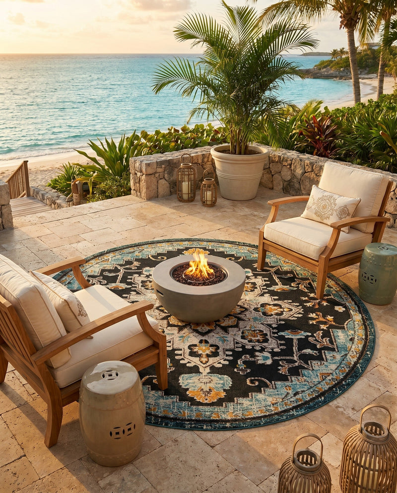 Outdoor Marrakesh Collection Area Rug -  Essaouira Round Navy Blue  lifestyle 73