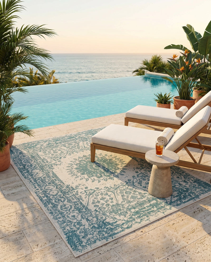 Patio Heritage Collection Area Rug -  Lafayette (Aqua) Rectangle Aqua  lifestyle 33