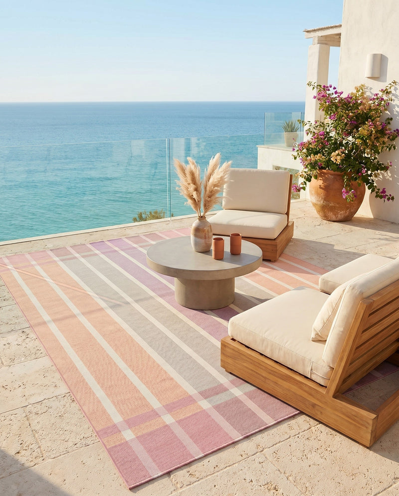 Seaside Stripes Collection Area Rug -  Coral Rectangle Pink and Lavender  lifestyle 59