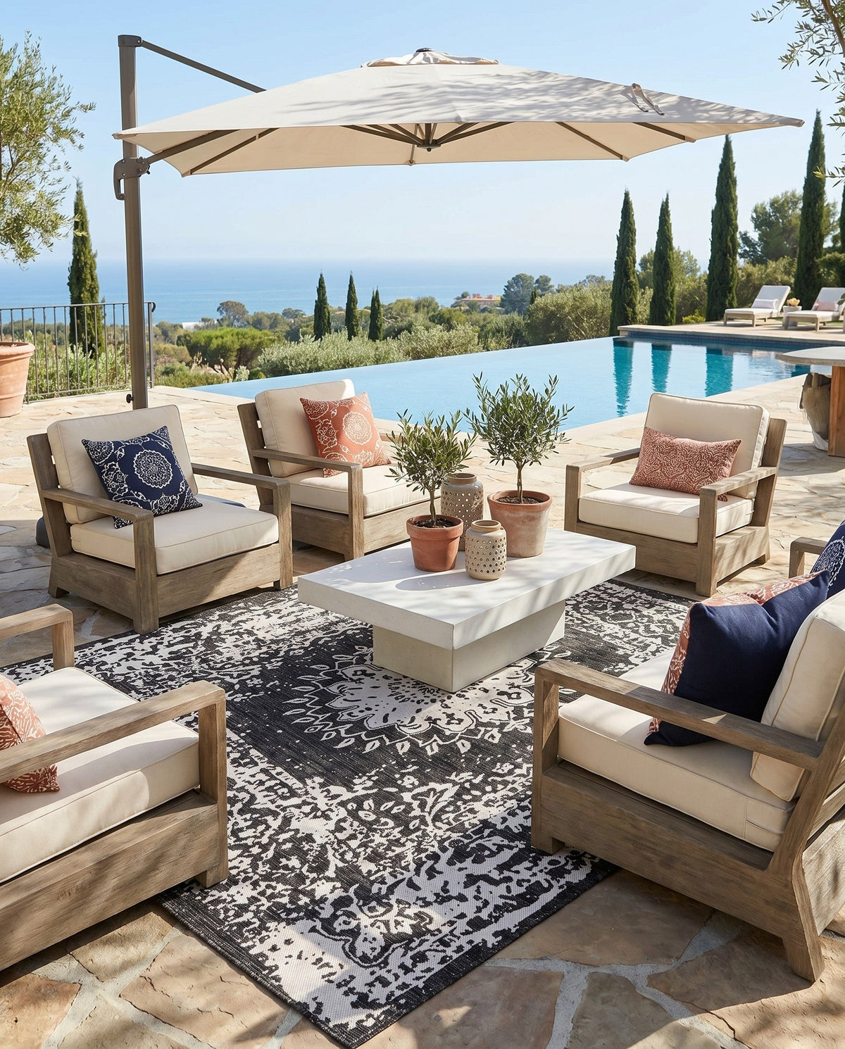 Patio Heritage Collection Area Rug -  Lafayette (Black and White) Square Black and White  lifestyle 78