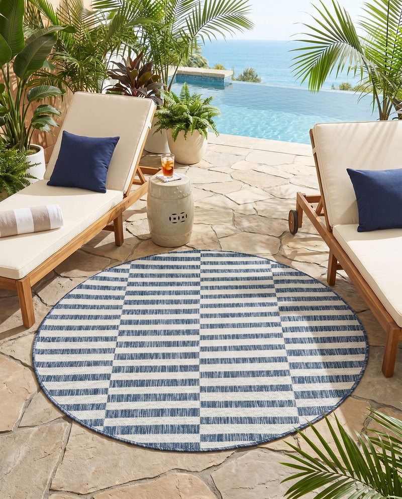 Seaside Stripes Collection Area Rug - Cabana (Blue) Round Blue  lifestyle 22