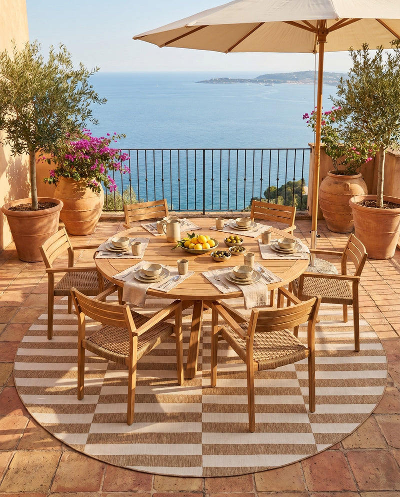 Seaside Stripes Collection Area Rug - Cabana (Taupe) Round Taupe  lifestyle 44