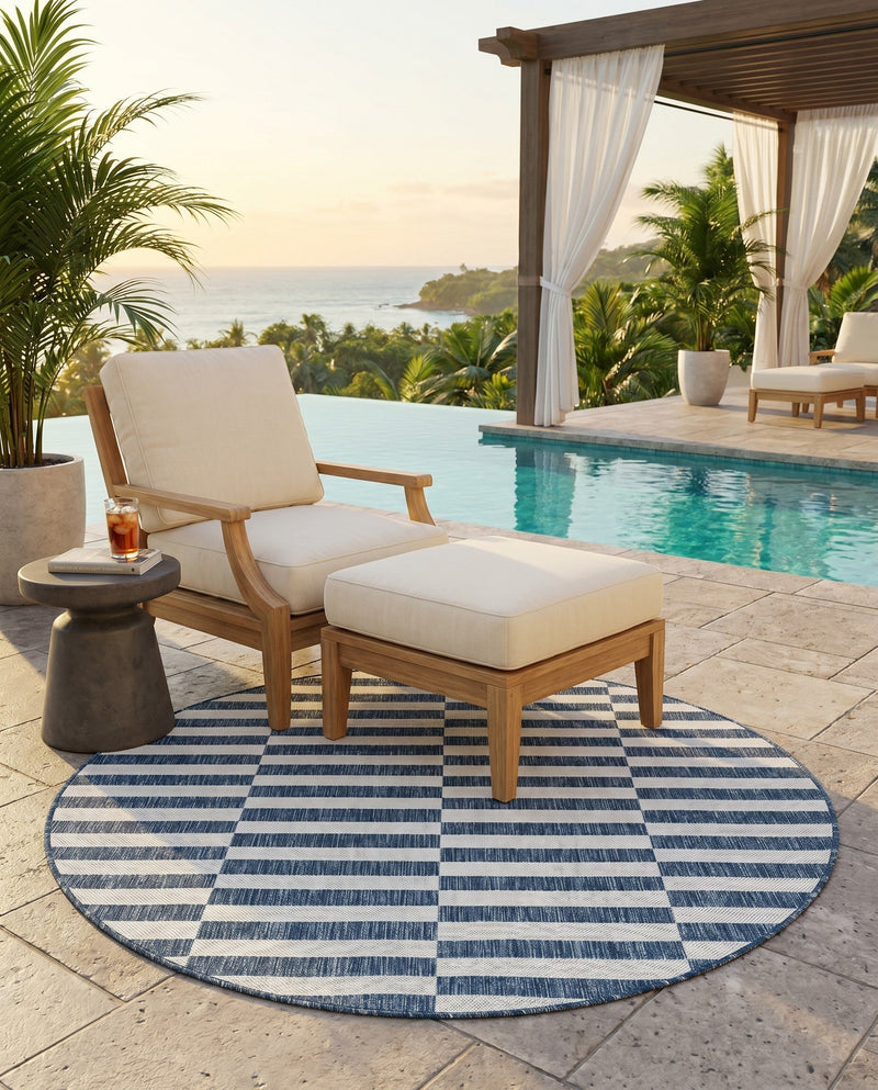 Seaside Stripes Collection Area Rug - Cabana (Blue) Round Blue  lifestyle 72