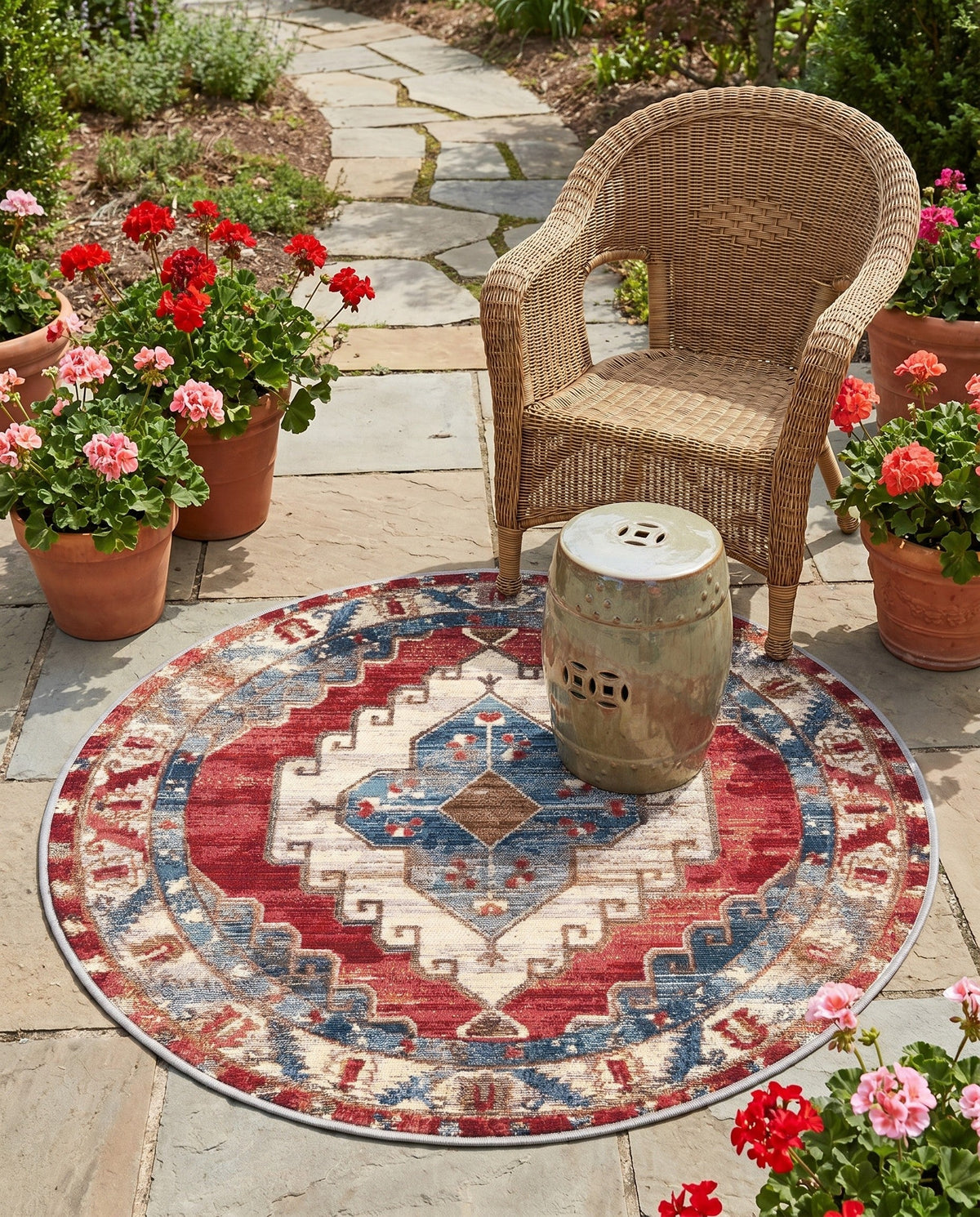 Patio Heritage Collection Area Rug -  Alcove Round Red and Navy Blue  lifestyle 88