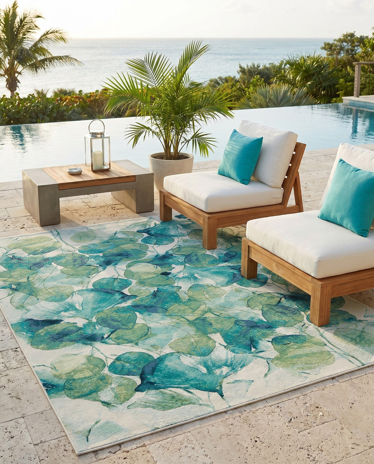 Seaside Blooms Collection Area Rug -  Flora Rectangle Blue Green  lifestyle 44
