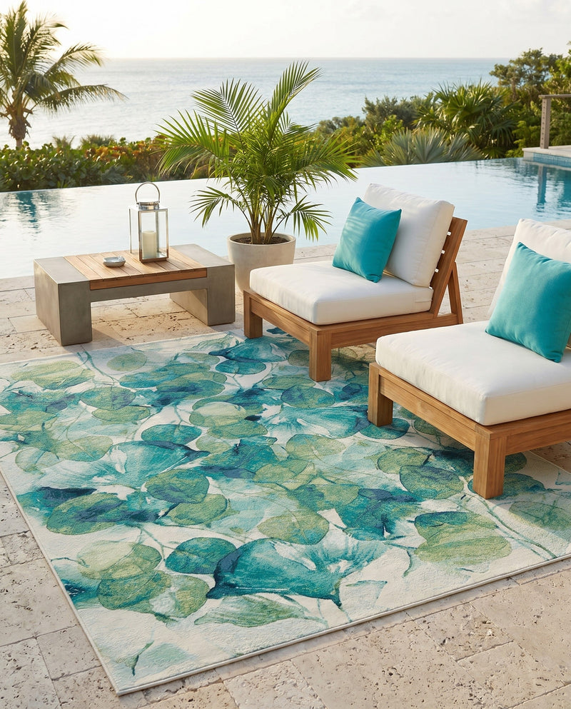 Seaside Blooms Collection Area Rug -  Flora Rectangle Blue Green  lifestyle 44
