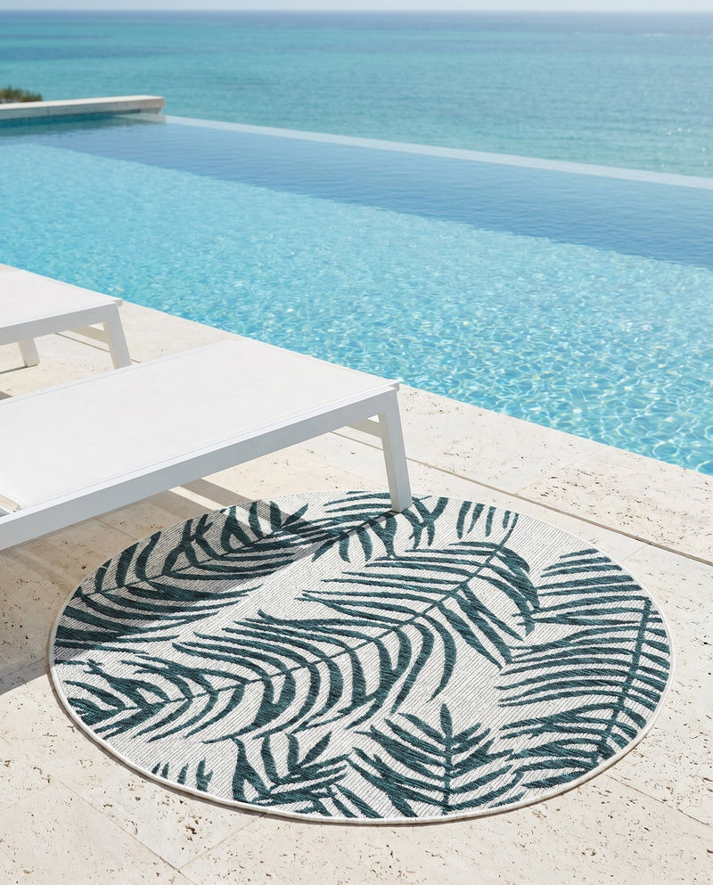 Seaside Blooms Collection Area Rug - Verdure (Teal Ivory) Round Teal Ivory  lifestyle 31