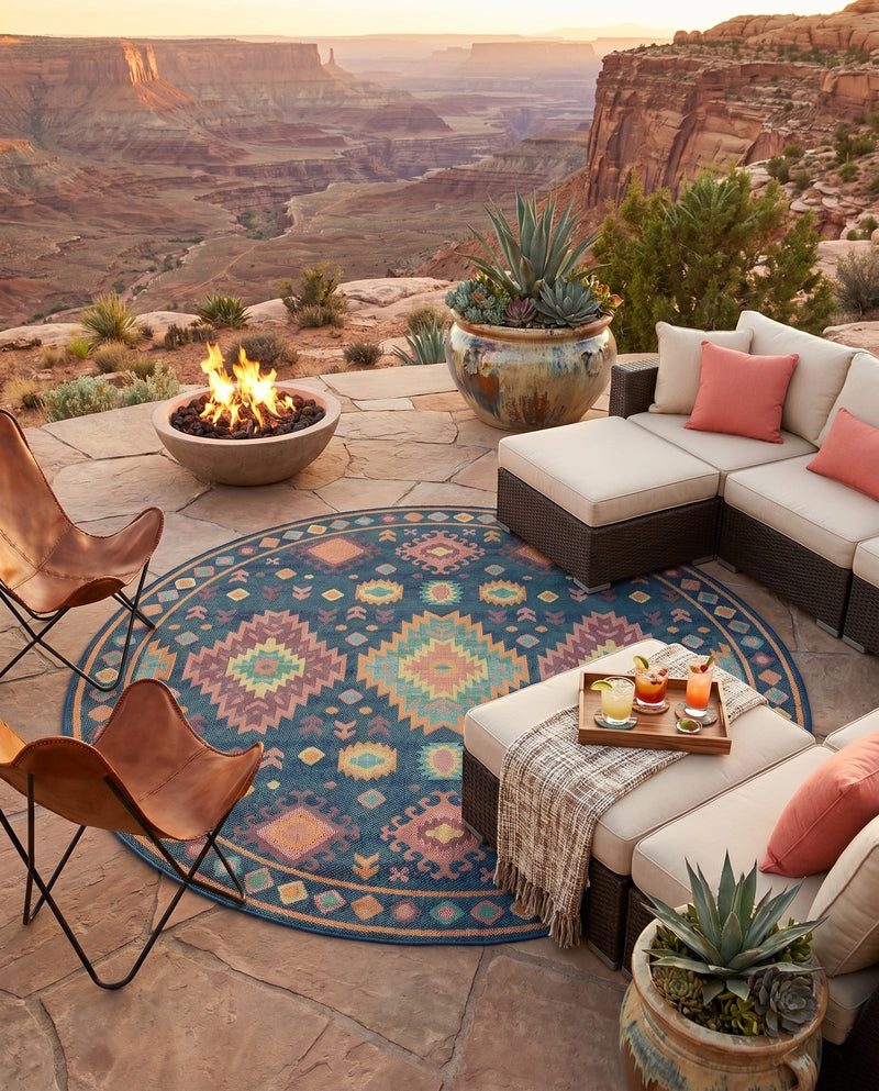 Coastal Terrace Collection Area Rug -  Dunes Round Navy Blue  lifestyle 63