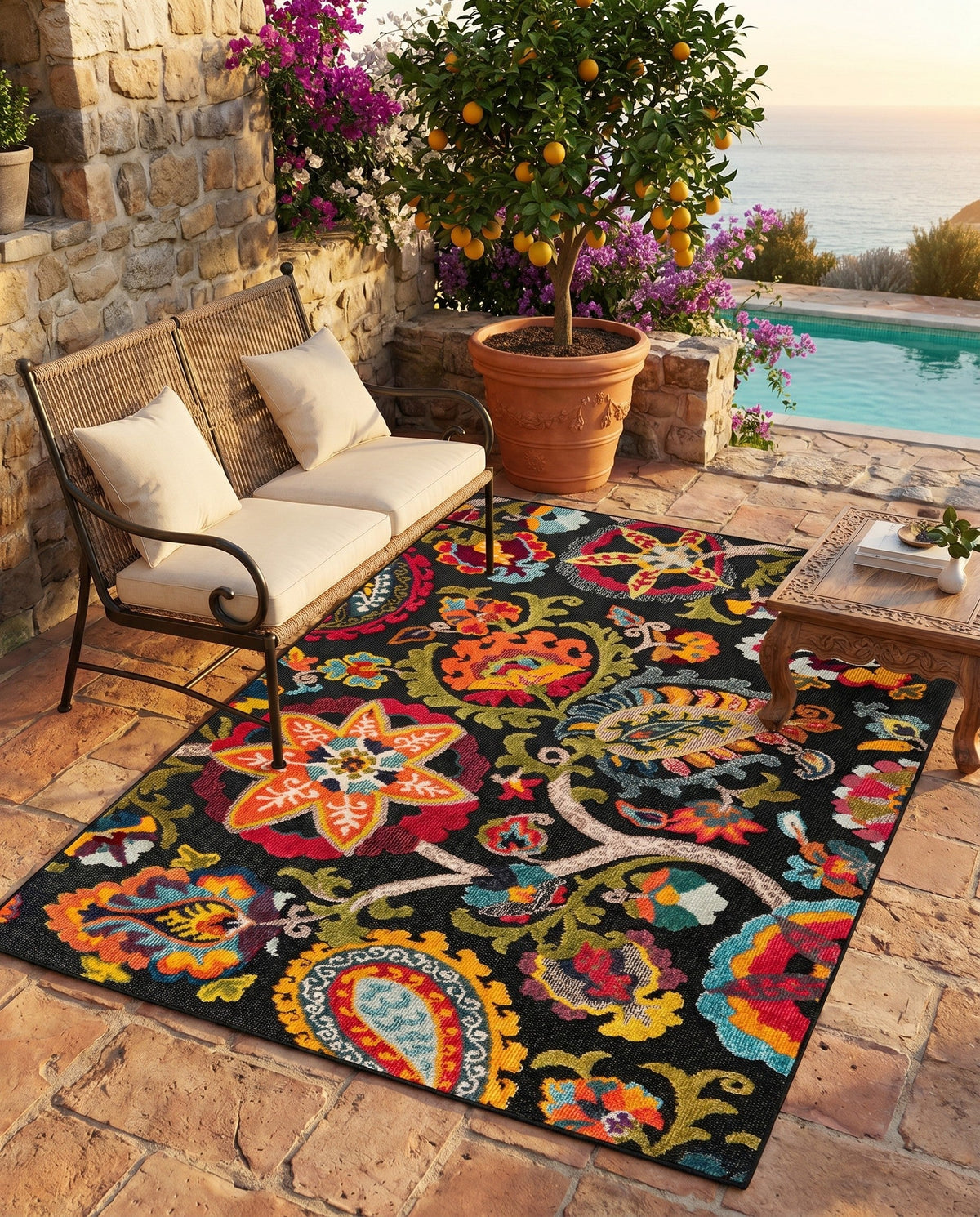Outdoor Marrakesh Collection Area Rug - Fes Rectangle Multi Black  lifestyle 44
