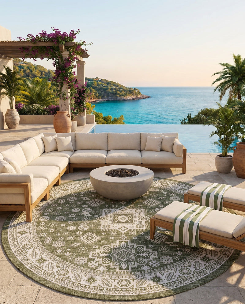 Tribal Terrace Treasures Collection Area Rug -  Incan Isle (Green) Round Green  lifestyle 26
