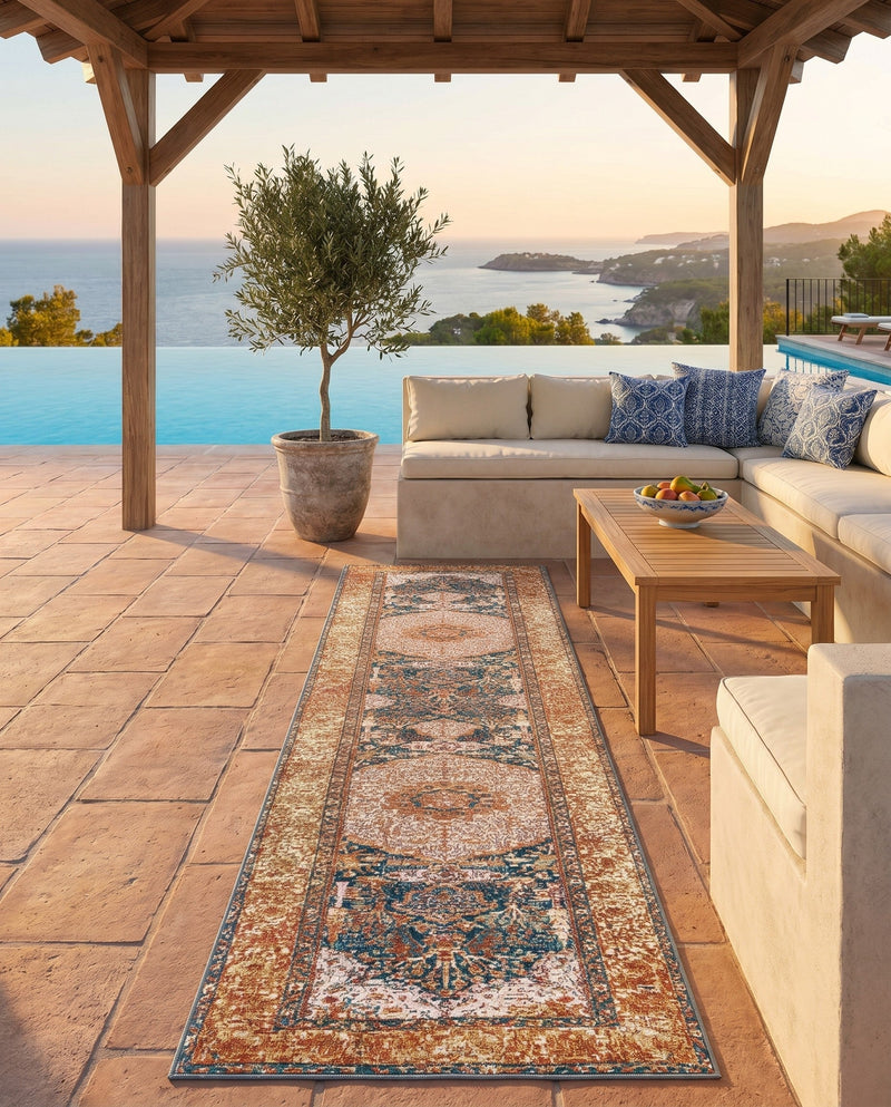 Patio Heritage Collection Area Rug -  Courtyard Runner Navy Blue and Light Pink  lifestyle 63
