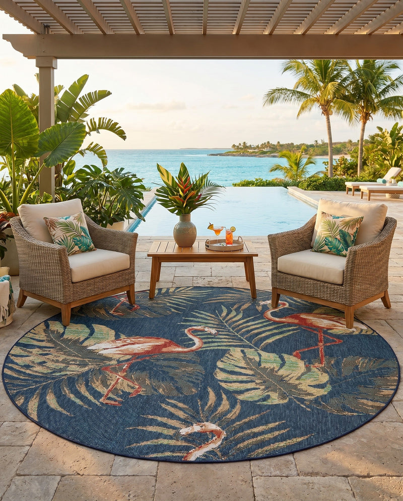 Coastal Terrace Collection Area Rug - Seabreeze Round Navy Blue  lifestyle 75