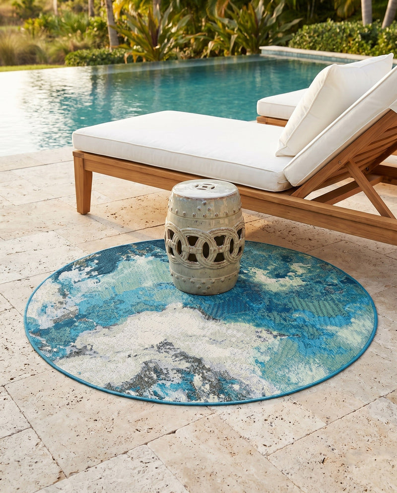 Urban Terrace Collection Area Rug -  Gazebo Round Blue and Ivory  lifestyle 46