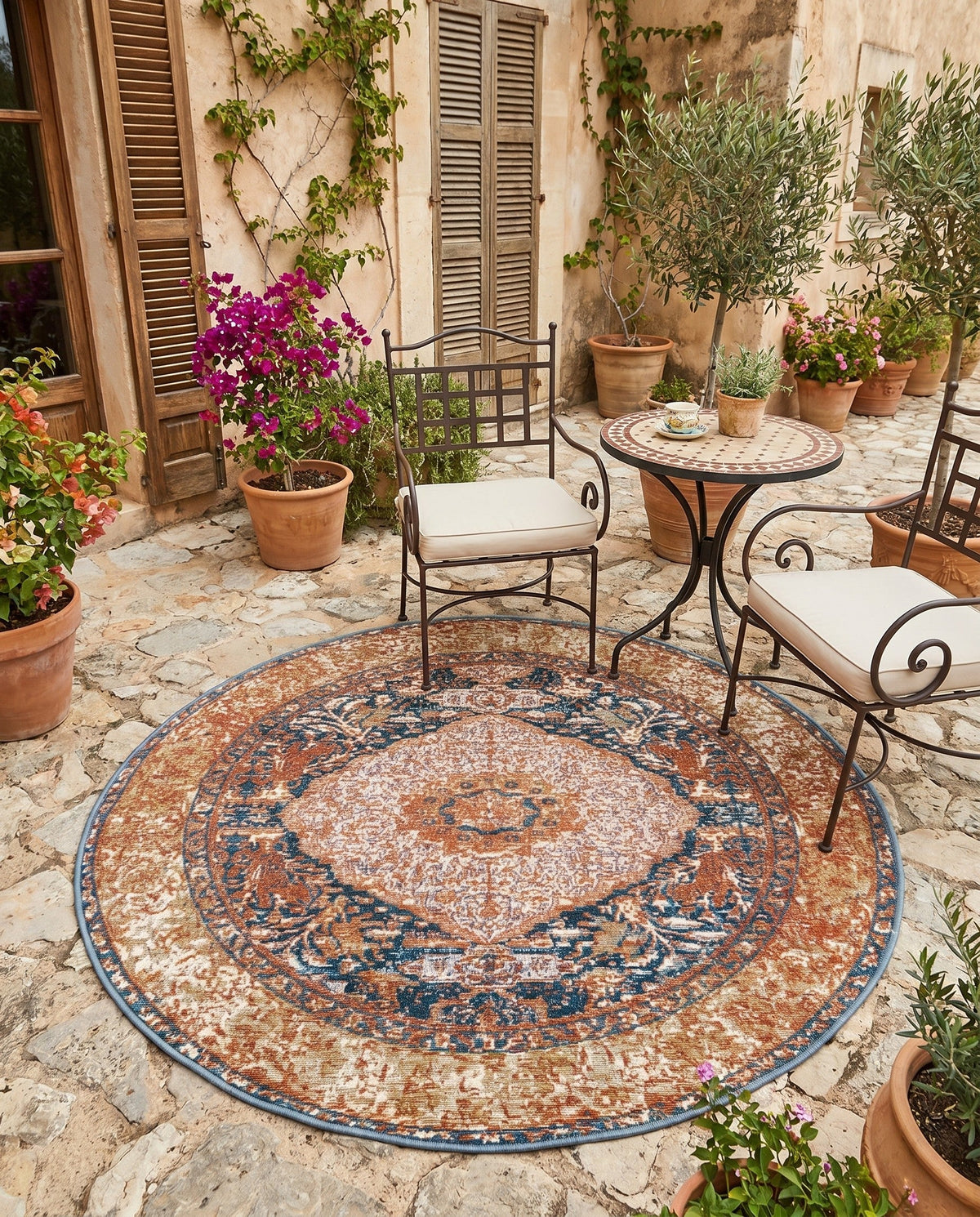Patio Heritage Collection Area Rug -  Courtyard Round Navy Blue and Light Pink  lifestyle 81