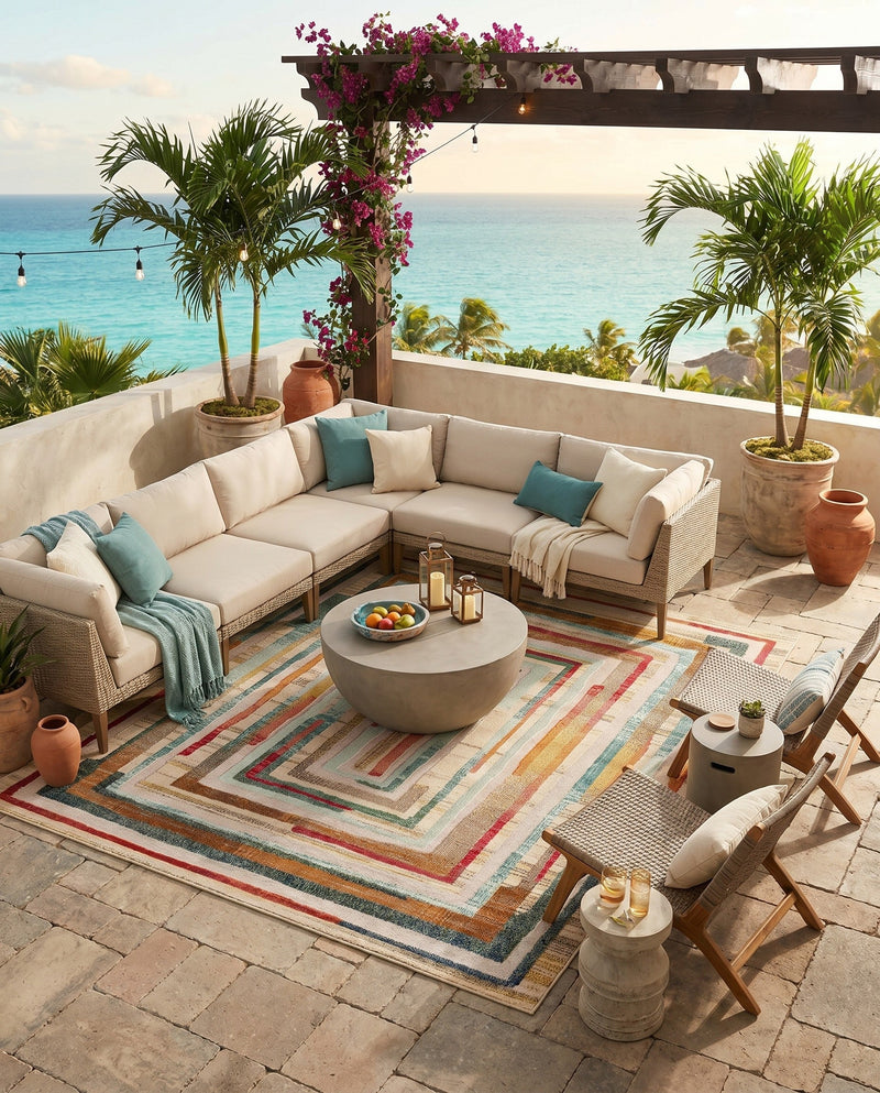 Outdoor Marrakesh Collection Area Rug -  Ouarzazate Square Multi Beige  lifestyle 69