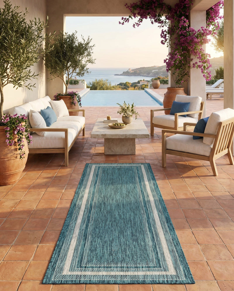 Terrace Fringe Collection Area Rug - Veranda (Teal) Runner Teal  lifestyle 56