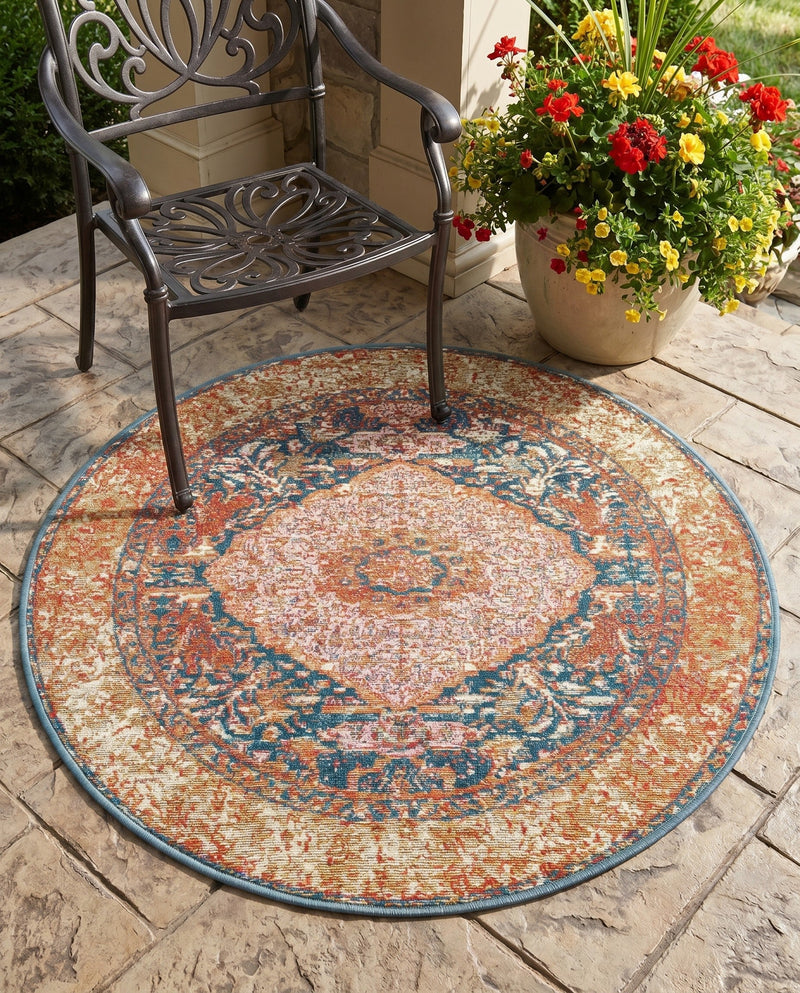 Patio Heritage Collection Area Rug -  Courtyard Round Navy Blue and Light Pink  lifestyle 76