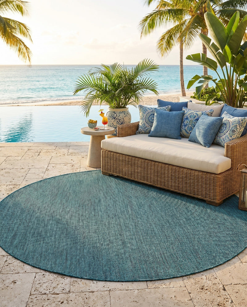 Seaside Serenity Collection Area Rug - Veranda (Teal) Round Teal  lifestyle 63