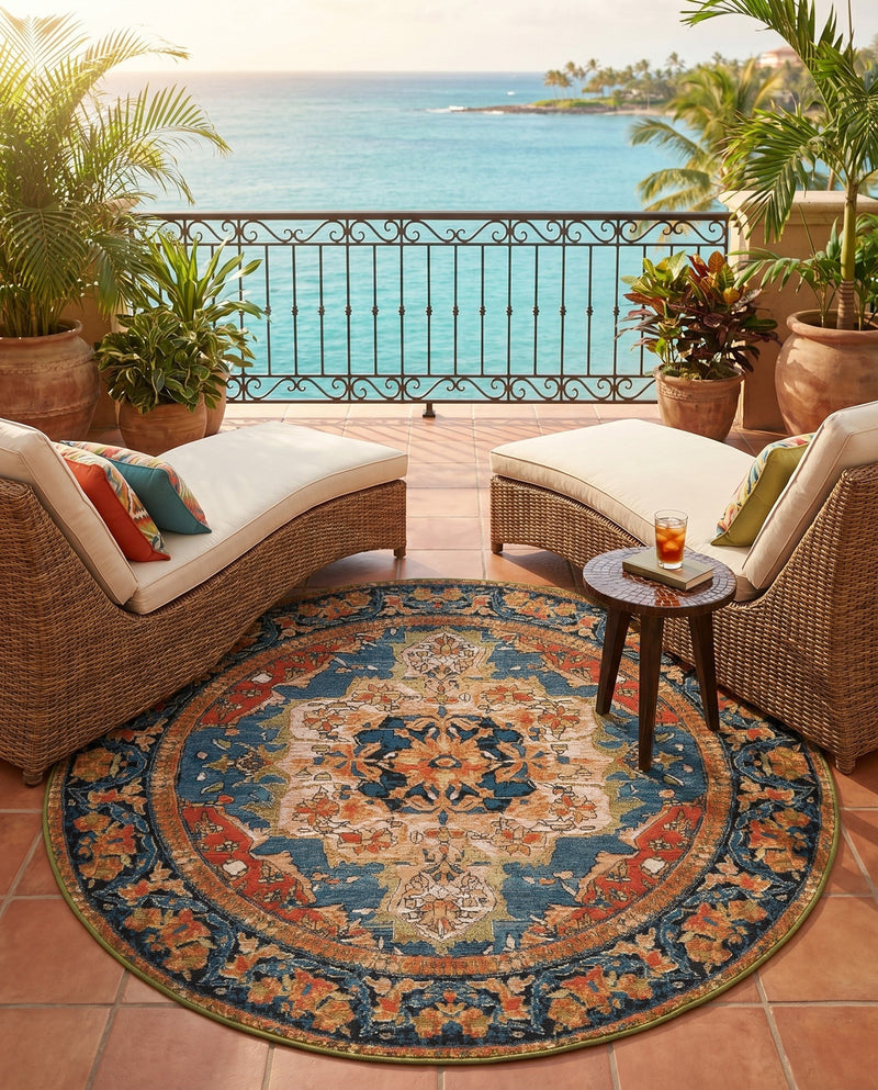 Patio Heritage Collection Area Rug -  Grove Round Navy Blue and Rust Red  lifestyle 77