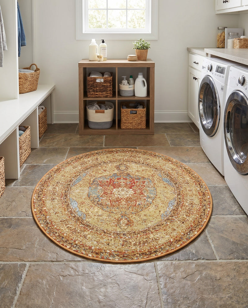 Patio Heritage Collection Area Rug -  Pergola Round Blue and Light Brown  lifestyle 77