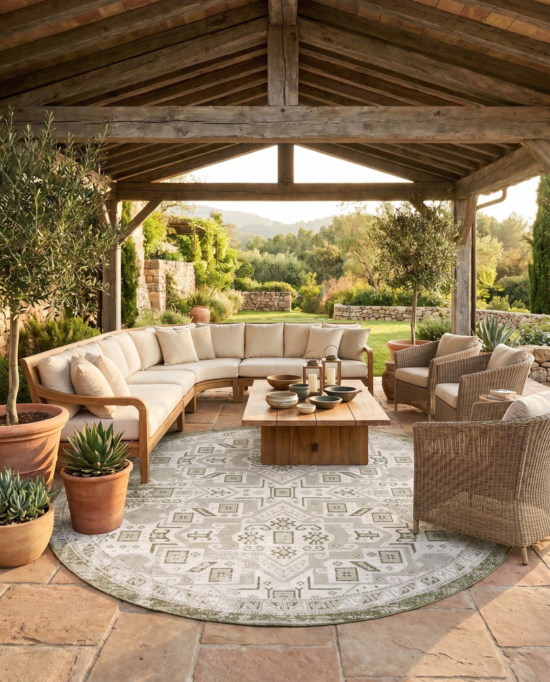 Tribal Terrace Treasures Collection Area Rug - Mayan Marina (Green) Round Green  lifestyle 77