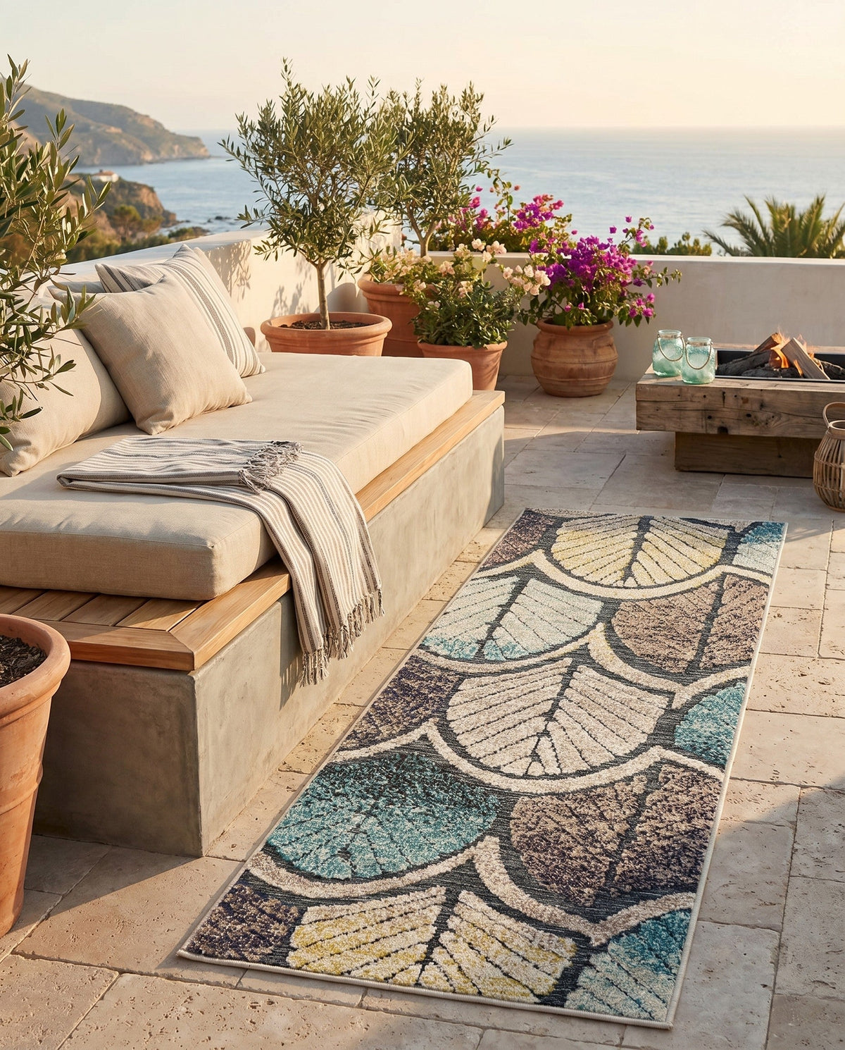 Outdoor Marrakesh Collection Area Rug -  Rabat Runner Gray Blue Ivory  lifestyle 63